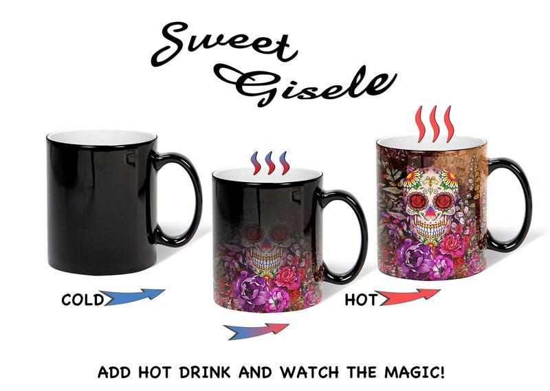 Sweet Gisele | Sugar Skull Ceramic Mug | Heat Activated | Color Changing Coffee Cup | Floral Pattern | Reveals Vivid Colors | Great Novelty Gift | Black | 11 Fl. Oz - Image 2